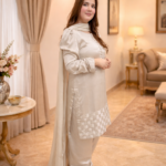 Ivory Satin Kurta Pants Set with Woven Hem Detail