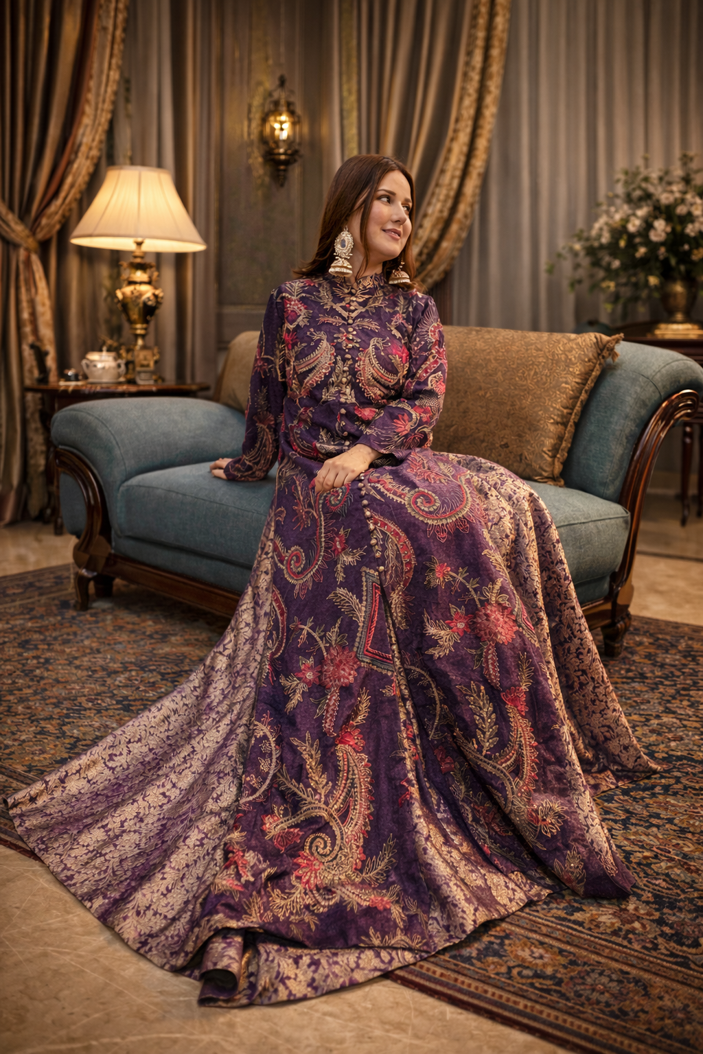 Elegant woman on a teal sofa Elegant woman on a teal sofa